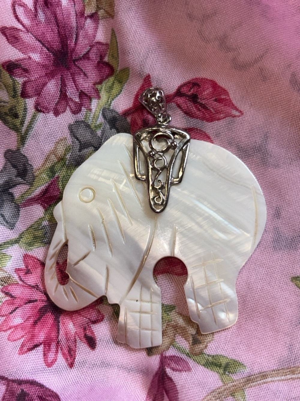 Mother of Pearl Elephant Vintage Large Necklace Pendant with Silver Bail